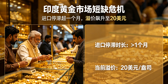 印度黄金市场告急：进口停滞超一月，溢价飙升至20美元