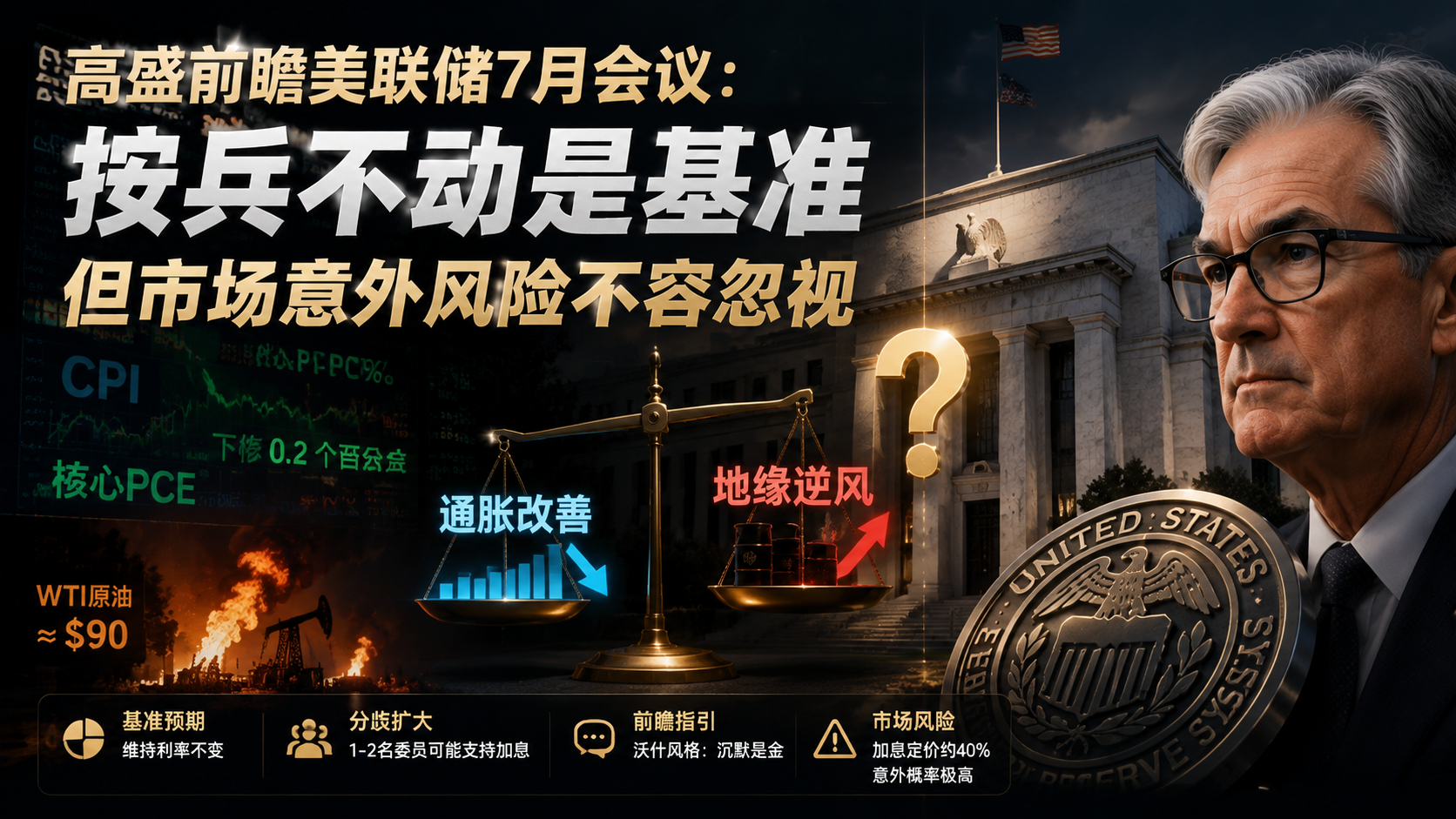 高盛前瞻美联储7月会议：按兵不动是基准，但市场意外风险不容忽视