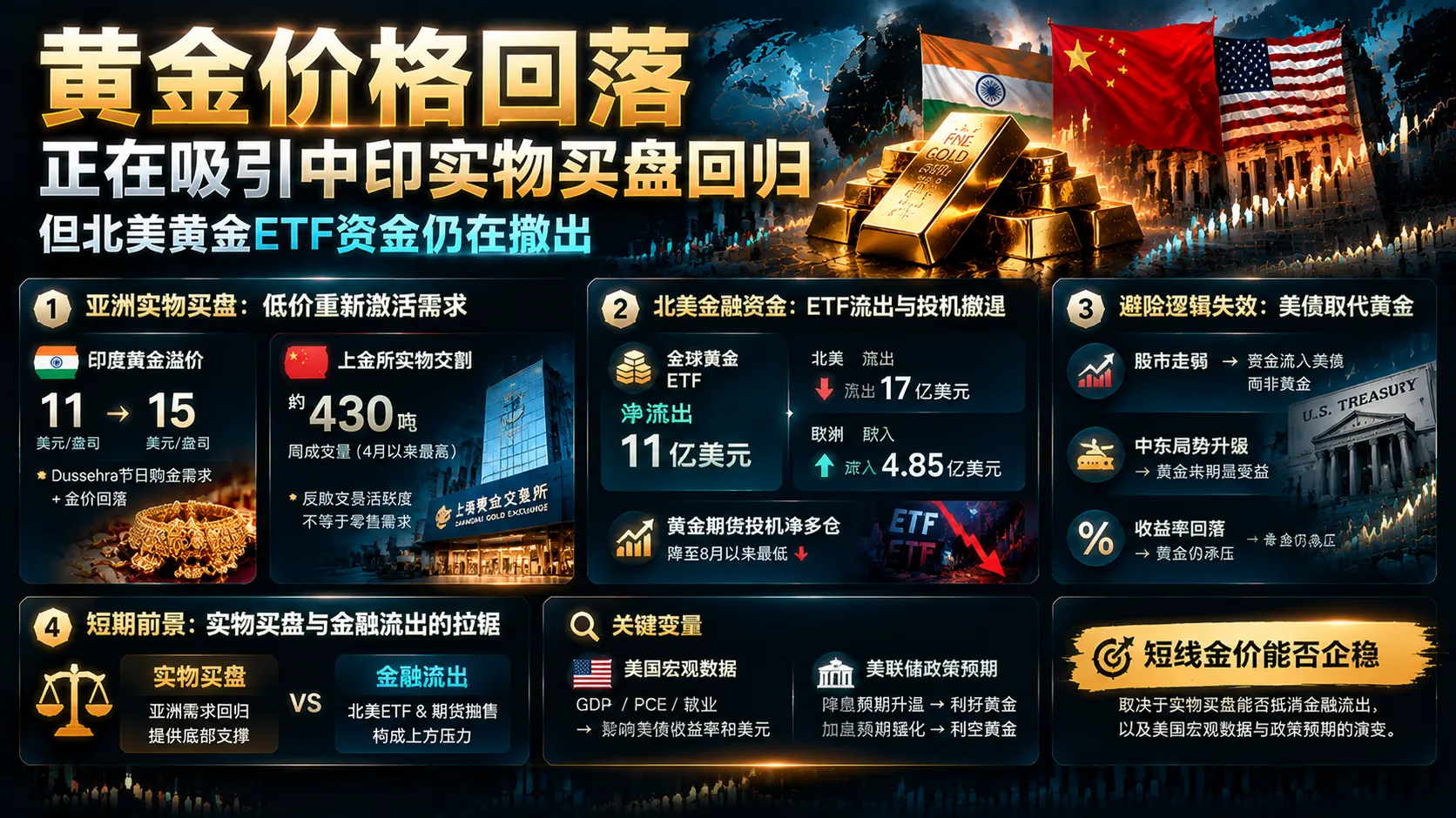 黄金价格回落正在吸引中印实物买盘回归，但北美黄金ETF资金仍在撤出