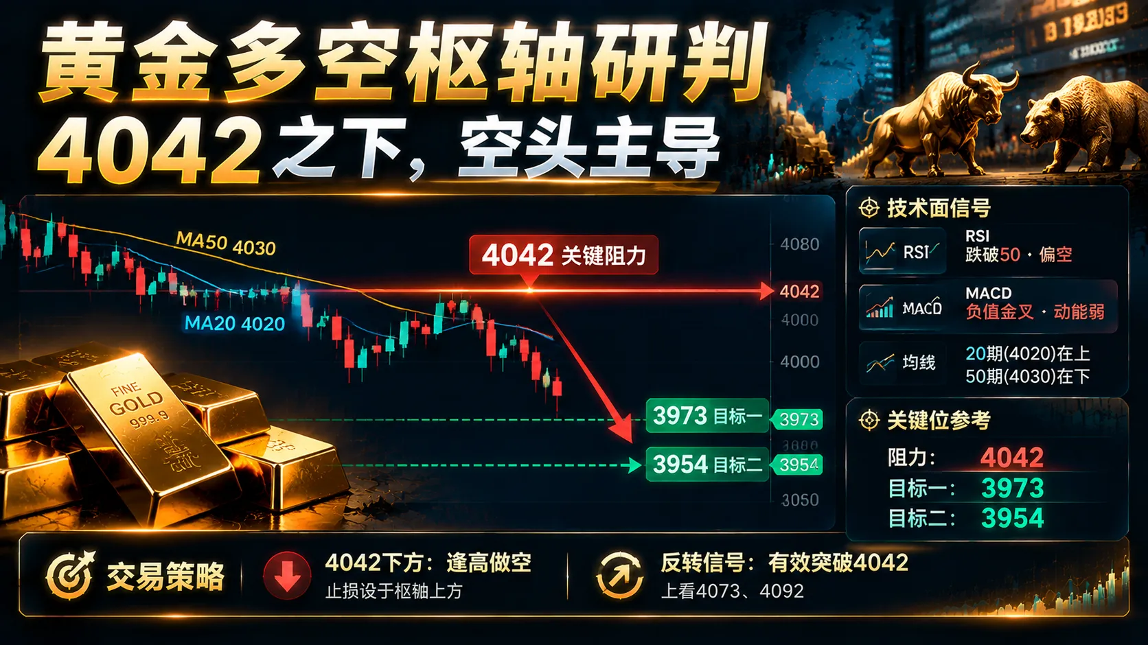 黄金多空枢轴研判：4042之下空头主导，下行目标看3973与3954